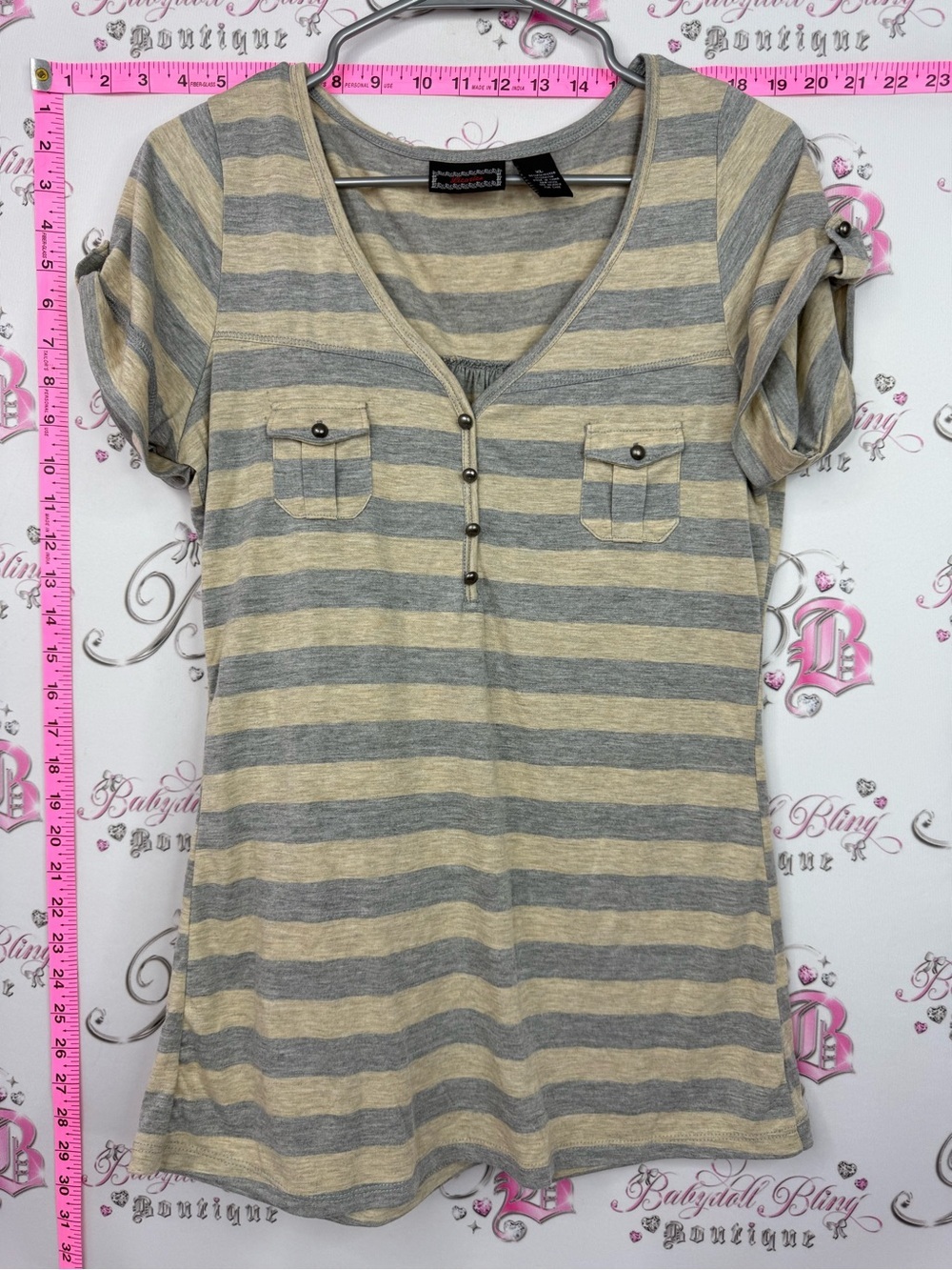 Licorice Button-Front V-Neck Stripe Tee - Gray & Cream